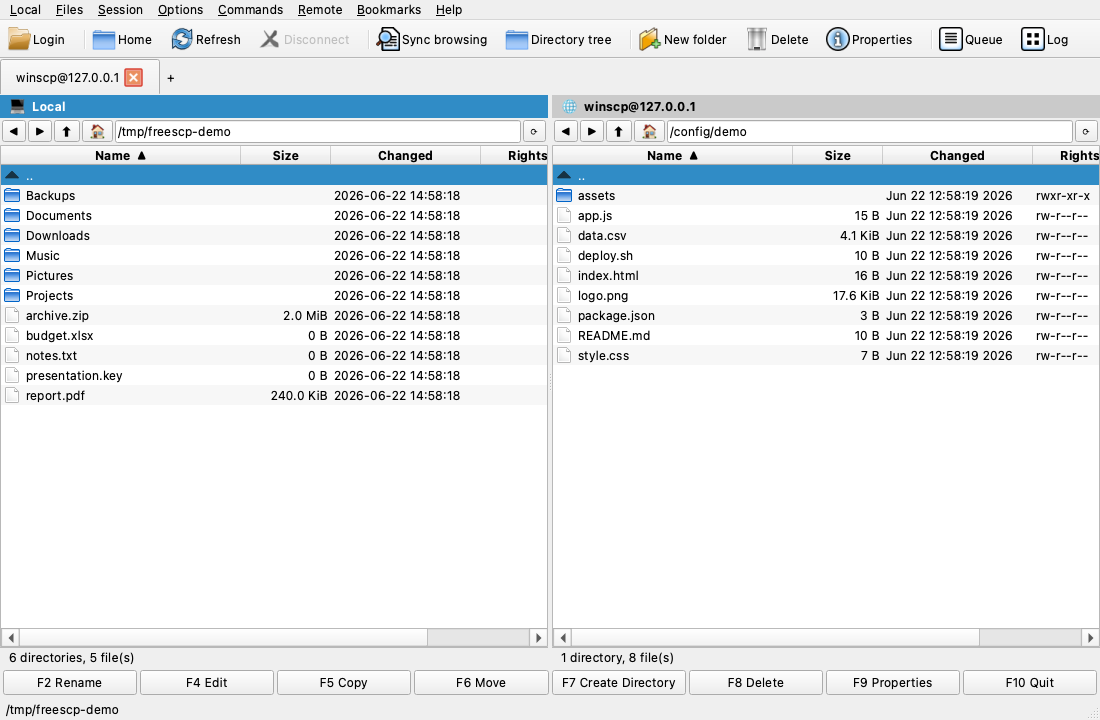 FreeSCP screenshot — dual-pane Commander connected over SFTP